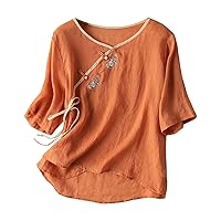 Women's Linen Solid Color Cotton and Linen Vintage Embroidery Clothing Loose and Thin National Quality T Shirt Top Long