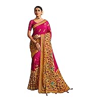 Pink Traditional wear Indian Women Viscose Brasso Designer Border Festival Saree Blouse Hit Trending Sari 1980
