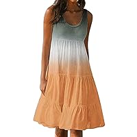 Summer Dresses for Women Gradient Tank Dress Casual Loose Flowy Beach Dress Sleeveless Spring Fashion Smocked Sundress