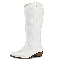mysoft Women's Cowboy Boots Mid Calf Cowgirl Boots Embroidered Western Pointed Toe Chunky Heel Pull On Knee High Boots