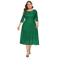 Women Elegant Plus Size Floral Lace Dresses A-Line Evening Wedding Cocktail Party Formal Guest Swing Midi Dress with Pockets
