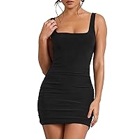 Mokoru Women's Sexy Ruched Bodycon Tank Dress Square Neck Sleeveless Short Mini Club Party Dresses