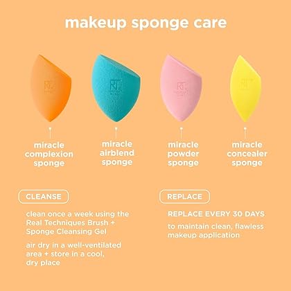 Real Techniques Miracle Complexion Sponge, Makeup Blending Sponge, For Foundation, Offers Light To Medium Coverage, Natural, Dewy Makeup, Orange Sponge, Packaging May Vary, 4 Count