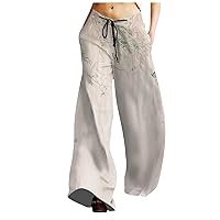 Plus Size Palazzo Pants for Women Summer Drawstring Straight Wide-Leg Yoga Pant Boho Vintage Printed Beach Pants