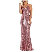 Womens Pink Sequin Evening Dresses Sparkly Spaghetti Strap Backless Long Mermaid Dress Elegant Maxi Prom Cocktail Dress