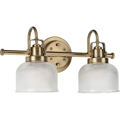 Progress Lighting Archie Collection 2-Light Clear Double Prismatic Glass Coastal Bath Vanity Light Vintage Brass, 8-3/4