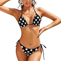 My Daily Women's Triangle Bikini Set Stars Pattern Black Lace Up V-Neck Two Piece Swimsuit