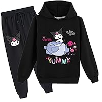 Kids 2 Piece Kuromi Hooded Outfits,Graphic Long Sleeve Hoodie and Jogger Pants Set Classic Tracksuit for Girls