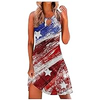 4th of July Skirt Tank Dress Star Striped O-Neck Floral Party Dress Sleeveless Flounce Beach Sundresses