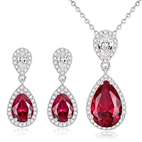 Retro Water Drop Jewelry Set Ruby/Red Corundum & Zirconia Gemstone Earrings + Necklace