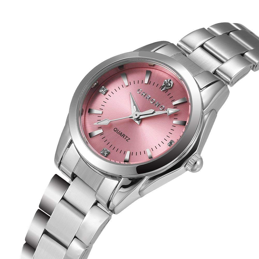 CHRONOS Women Girls Waterproof Stainless Steel Quartz Watch Round Analog Blue Silver Pink Lady Steel Watch