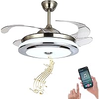 42'' Reversible Bluetooth Ceiling Fan with Light and Speaker, LED Stepless Dimmable Fandelier Ceiling Fan Light with Remote Control Retractable Invisible Music Player Chandelier for Living Room