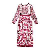 Autumn Dress Long Sleeve Women Red Porcelain Print Vintage Straight Party Holiday Dresses