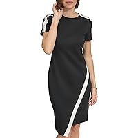 Tommy Hilfiger Women's Scuba Fabric Button Details at Shoulders Asymmetrical Hemline Dress, Black/Ivory