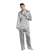 Mens Silky Satin Pajama Sets, Long Sleeve Button Down Tops Pants 2 Piece Sleepwear Loungewear Pjs Summer Cool Comfy