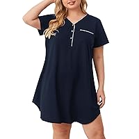 Women Plus Size T-Shirt Dresses Summer V Neck Short Sleeve Tunic Dresses Plain Button Casual Curved Hem Dress