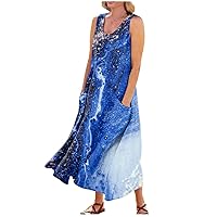 Maxi Linen Dress Sleeveless Dress for Women 2024 Marble Print Fashion Loose Fit Casual Trendy U Neck Dresses with Pockets Dark Blue Large