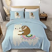 Sleepwish Alpaca Bedding Cool Funny Sloth Riding Llama Print Duvet Cover Set Cute Blue Kids Boys Girls Bedroom Guest Bedroom Bed Decor (Queen)