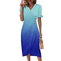 Short Sleeve Maxi Dress for Women Summer Elegant Wrap V Neck Office Dress Flowy Ruched Hawaiian Maxi Dress, S XXXL