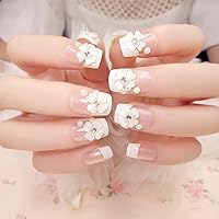 24Pcs Flower Press on Nails Square French Tip Fake Nails Stick on Nails Clear Artificial Nails with Acrylic Flowers Design Full Cover False Nails Glue on Nails for Women Girls White French Coffin Nails