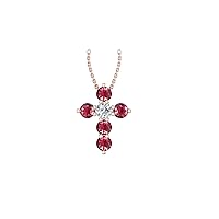 14k Rose Gold timeless cross pendant set with 5 beautiful red ruby stones (.47ct, AA Quality) encompassing 1 round white diamond, (.1ct, H-I Color, I1 Clarity), dangling on a 18