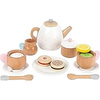 Wooden Toys-Premium 17 Piece Toy Tea Playset- Deluxe Play Pretend Food Set Includes Tea Pot, Cookies, Plates and Teacup-Ideal for Toddlers 3+