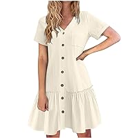 Women Cute Ruffle Loose Hem Dress Fashion Solid Button Dress V Neck Casual Holiday Party Beach Dress with Pocket