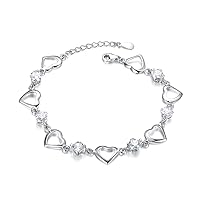 Sterling Silver Simulated Diamond Heart Link Bracelet (BSHC1007SVR_CZ)