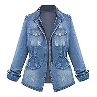 Boyfriend Denim Jacket for Women Oversized Jean Coat Casual Loose Long Sleeve Jean Jackets Distressed Outerwear
