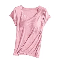 Women's Cotton T Shirt with Built-in Bra Padded Active Tee Shirts Summer Short Sleeves Shelf Bra Comfy Athletic Shirts