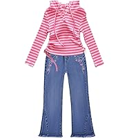 Peacolate 2-10Years Little Big Girls 2pcs Clothing Set T Shirt and Blue Butterfly Embroidered Bootcut Jeans(pink strip hoodie,9-10Years)