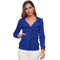 Andongnywell Womens Oblique Zipper Slim Fit Hoodie Jacket Fleece Sweater Hooded Long Sleeve Diagonal Zip Jacket (Blue,Small)