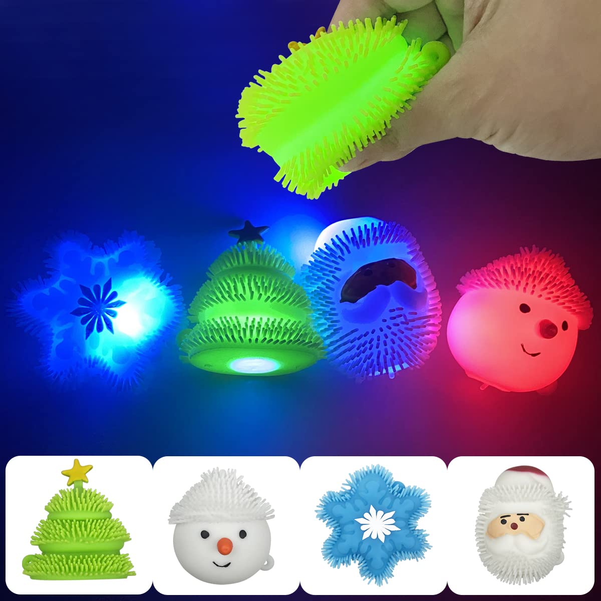 JoFAN 4 Pack Christmas Light Up Spiky Balls Squeeze Balls Toys for Kids Boys Girls Toddlers Christmas Stocking Stuffers Party Favors Gifts