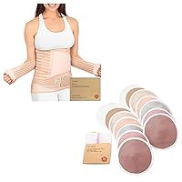 KeaBabies 3 in 1 Postpartum Belly Support Recovery Wrap & Bamboo Viscose 3-Layers Nursing Breast Pads - Postpartum Belly Band - 14 Washable Pads + Wash Bag - After Birth Brace