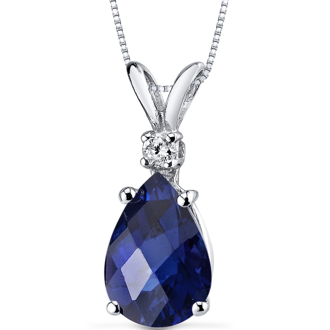Peora Solid 14K White Gold Created Blue Sapphire with Genuine Diamond Pendant for Women, Elegant Teardrop Solitaire, 2.45 Carats Pear Shape 10x7mm