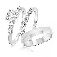 3/4 Ct Round Cut Sim Diamond Men's/Ladies Engagement Ring Trio Set 14K White Gold Fn
