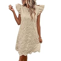 Dresses for Women 2024 Round Neck Eyelet Embroidery Scallop Trim Dress Casual