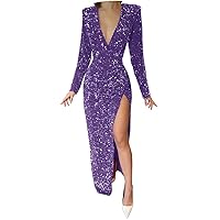 Sparkly Sequin Prom Dresses for Women with Slit V Neck Long Sleeve Evening Party Gowns
