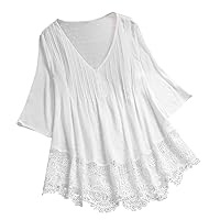 Womens Linen Blouses 3/4 Sleeve V Neck Tops Lace Patchwork Plus Size T Shirt Pullover