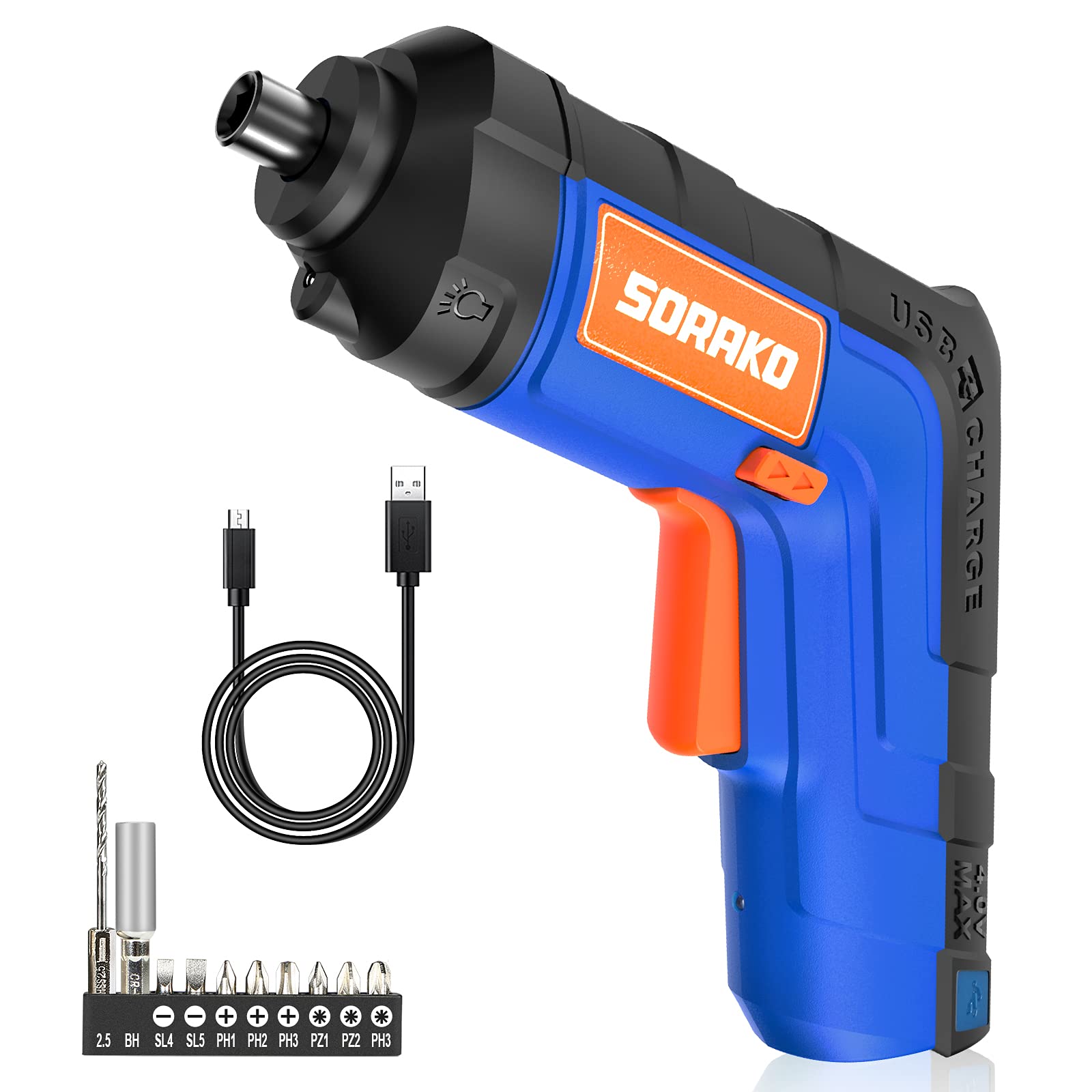 Electric Screwdriver 4V Max, Cordless Screwdriver 6 Nm, Rechargeable Power Screwdriver with LED Light, SORAKO Screw Gun with 10 PCS Accessories for Home DIY, Repair