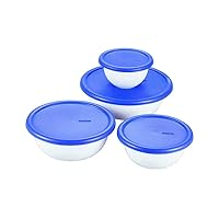 Sterilite plastic 8 Piece Covered Set Bowl, Multisize, White & Blue,2.5 liters