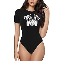 Checkered Flags Race Car Flag Bodysuit Womens Round Neck Short Sleeved Tank Tops Tight Shirt Tops