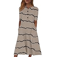 Deals of The Day Clearance Prime, Striped Dress for Women, T-Shirt Dresses Casual Summer, House with Pockets, Tee Shirt Loose Fit, Printed V Neck Short Sleeve T Swing (M, Khaki)