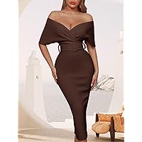 2022 Women's Dresses Surplice Neck Off Shoulder Backless Front Buckle Belted Cocktail Party Dress Women's Dresses (Color : Chocolate Brown, Size : Medium)