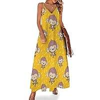 Banana and Monkeys Spaghetti Straps Long Dresses for Women Sleeveless Slip Dress Casual Sundress Tankdress