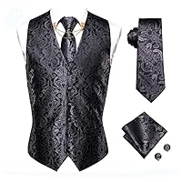 Vests Silk Mens Vests Black Floral Jaquard Waistcoat Tie Hankerchief Cufflinks Gold Collar Pin Set for Men Dress Suit Business (Color : Black, Size : X-Large)