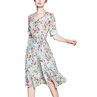 100% Mulberry Silk Summer Dress Women Floral Printing V Neck Puff Sleeve Ruffles Bodycon Dresses