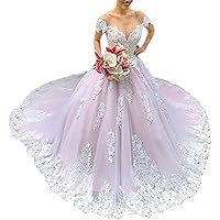 Off The Shoulder Lace Princess Wedding Dresses for Bride with Train Bridal Ball Gowns Plus Size