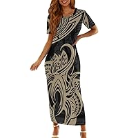 Women's 2 Piece Outfit Polynesian Traditional Tribal Samoan Puletasi Long Dress Short Sleeve Top Skirts Set