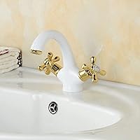 Faucets,Deck Mount Two Handles Basin Faucet White & Gold Bathroom Sink Mixer Tap Dual Knobs Hot and Cold Water Bathtub Faucet/White